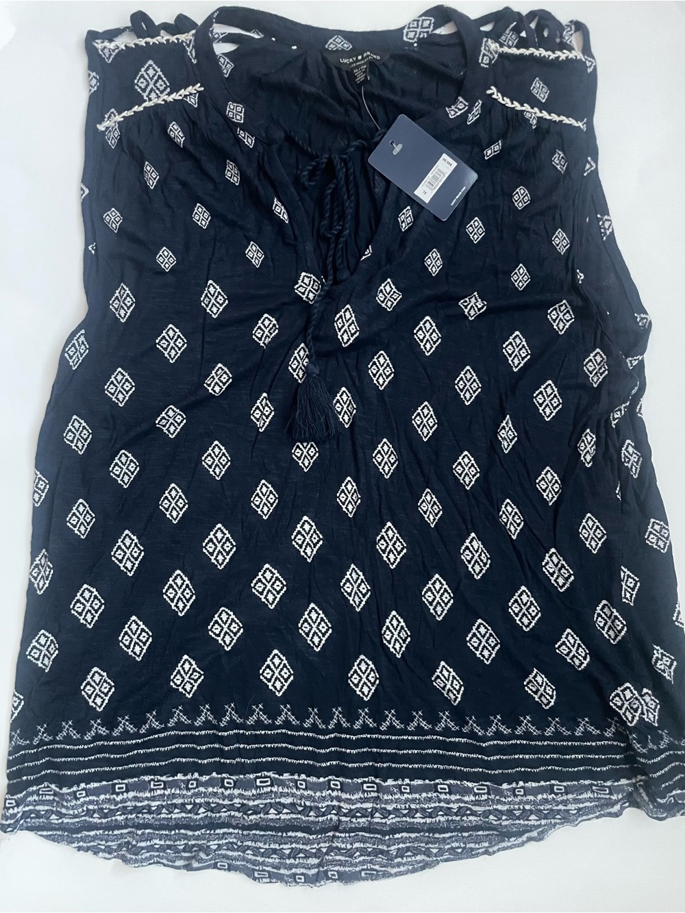 NWT Lucky Brand XL Navy White Boho Tassel Tie Sleeveless Top
